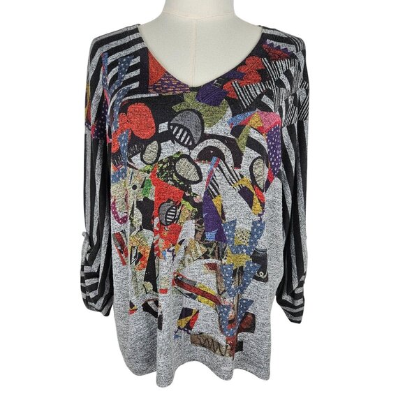 Inoah Top Sz Medium Abstract Long Sleeve Maximalist Artsy Gray Dopamine - Picture 1 of 8